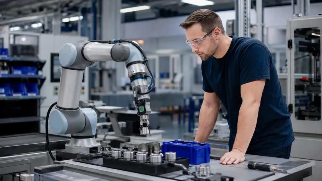 Opérateur travaillant avec un robot collaboratif sur un poste d’assemblage industriel moderne.