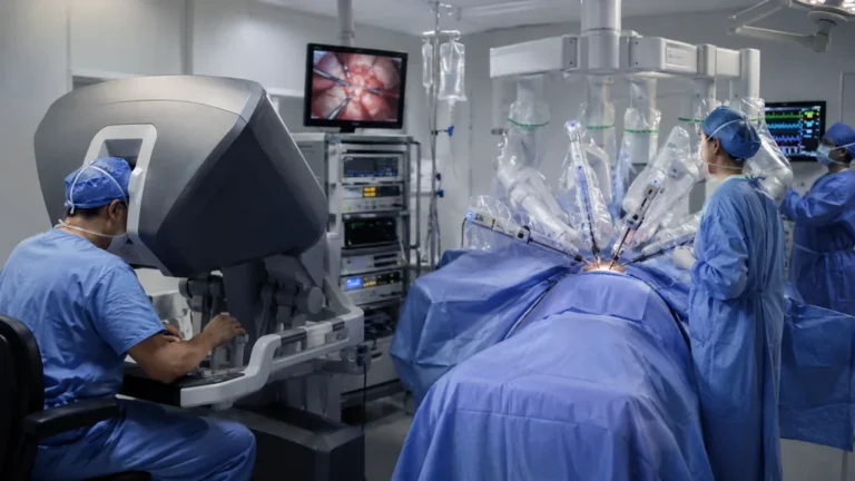 Robot chirurgical da Vinci utilisé en salle d’opération avec un chirurgien à la console