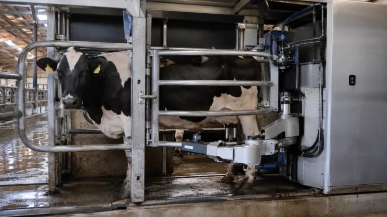 Vache laitière dans une station de traite automatisée avec bras robotisé en fonctionnement