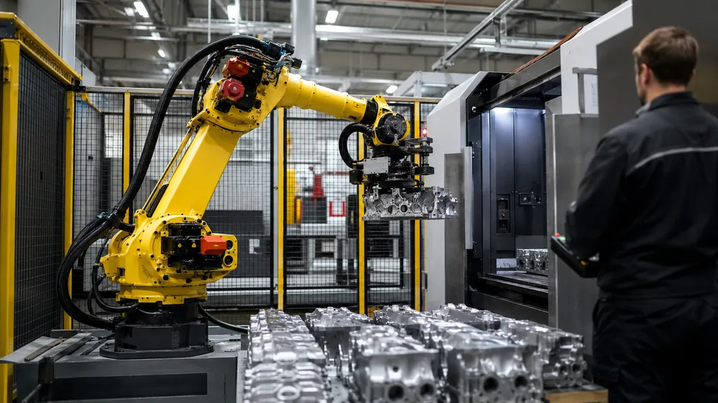 Robot FANUC industriel manipulant des pièces métalliques dans une cellule automatisée