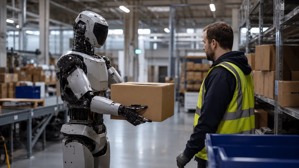Robot humanoïde collaborant avec un opérateur dans un entrepôt moderne pour transporter un colis.