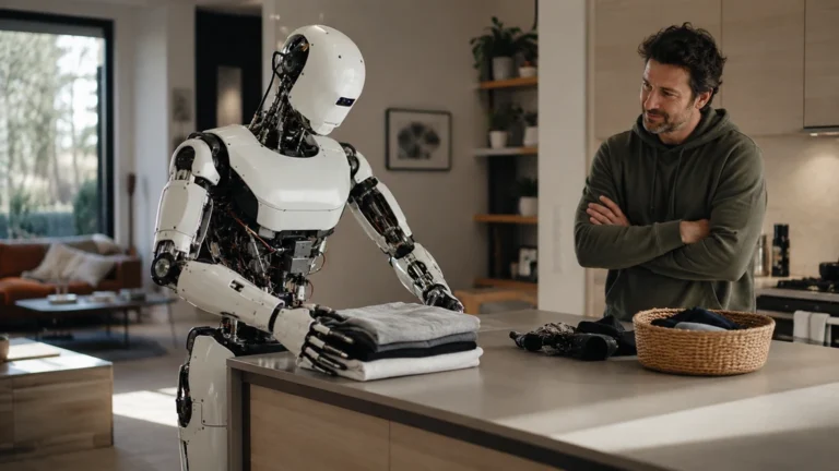 Robot humanoïde domestique pliant du linge dans une cuisine moderne sous le regard d’un propriétaire