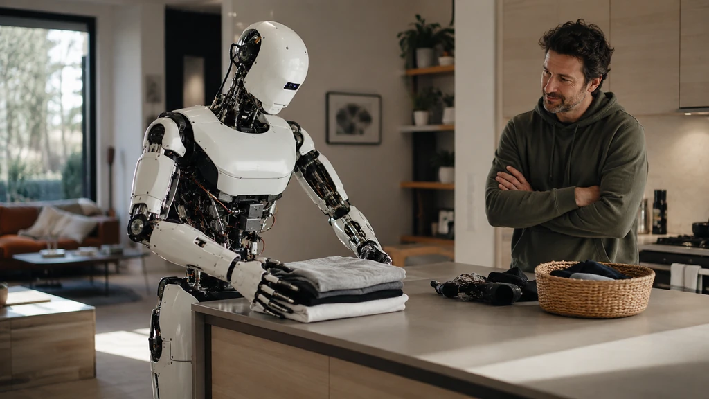 Robot humanoïde domestique pliant du linge dans une cuisine moderne sous le regard d’un propriétaire