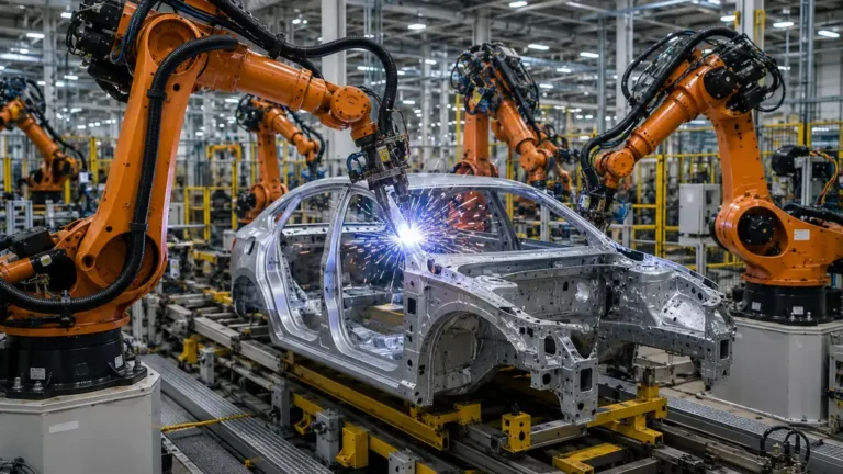 Robots industriels soudant une carrosserie automobile sur une ligne de production automatisée en usine moderne.
