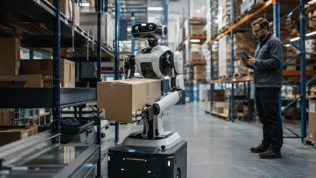 Robot intelligent transportant un colis dans un entrepôt automatisé sous la supervision d’un opérateur avec tablette.