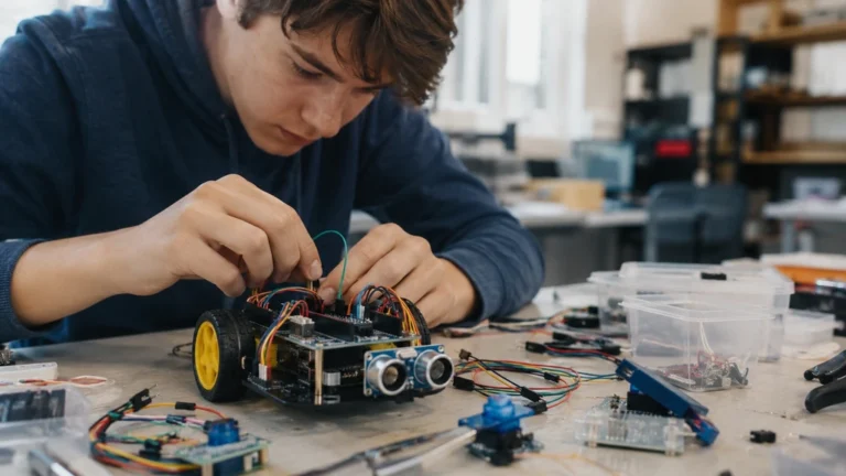 Jeune débutant assemblant un robot Arduino avec capteur ultrason et composants électroniques sur un bureau d’atelier