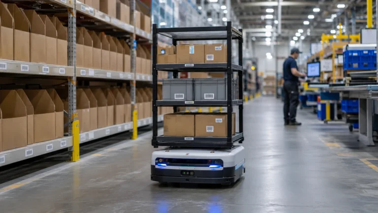 Robot logistique autonome transportant des colis dans un entrepôt automatisé