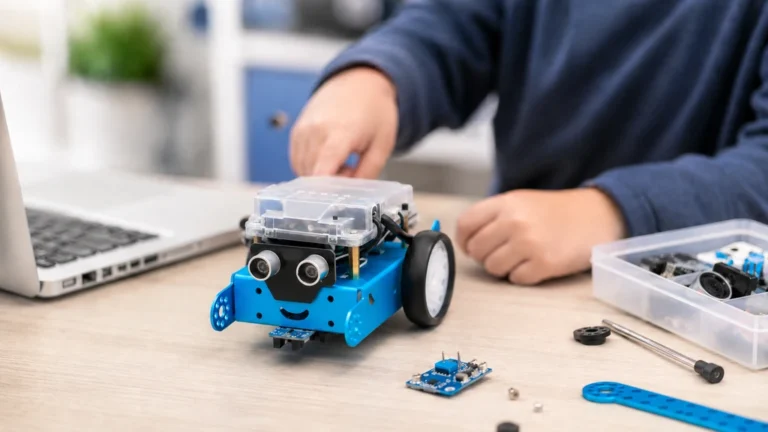 Robot mBot éducatif en cours de montage sur une table avec des composants électroniques