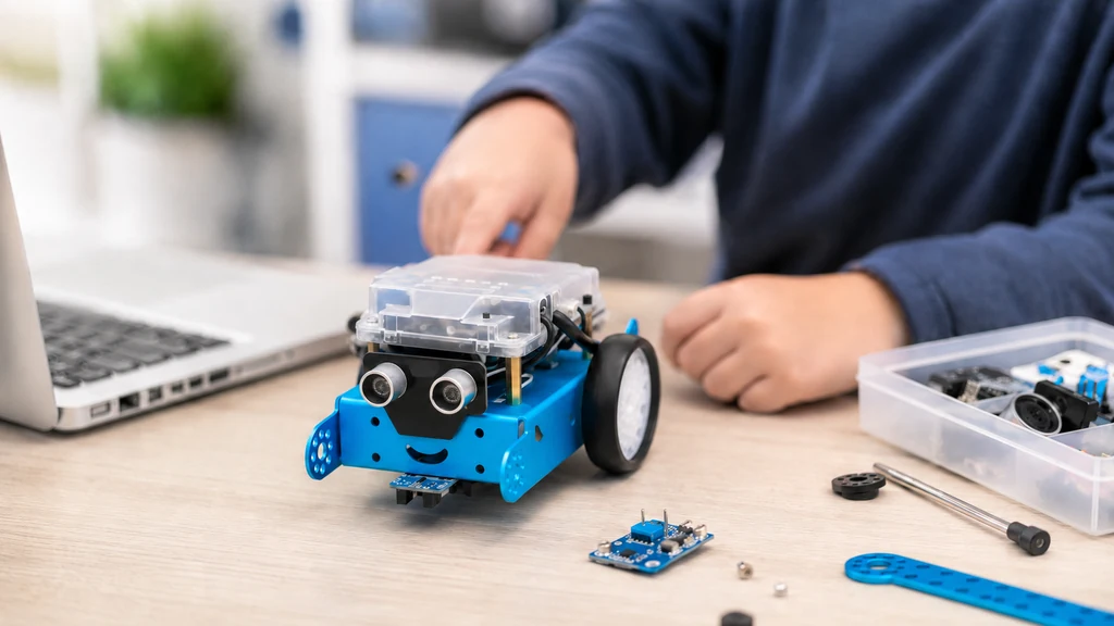Robot mBot éducatif en cours de montage sur une table avec des composants électroniques