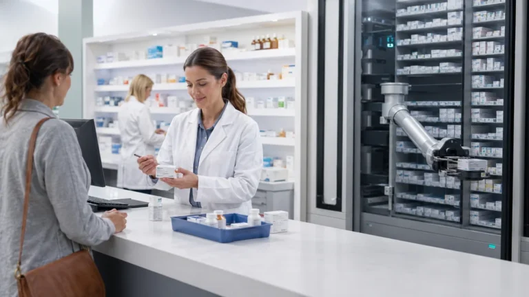 Pharmacienne délivrant des médicaments au comptoir avec un robot de pharmacie automatisé en arrière-plan.