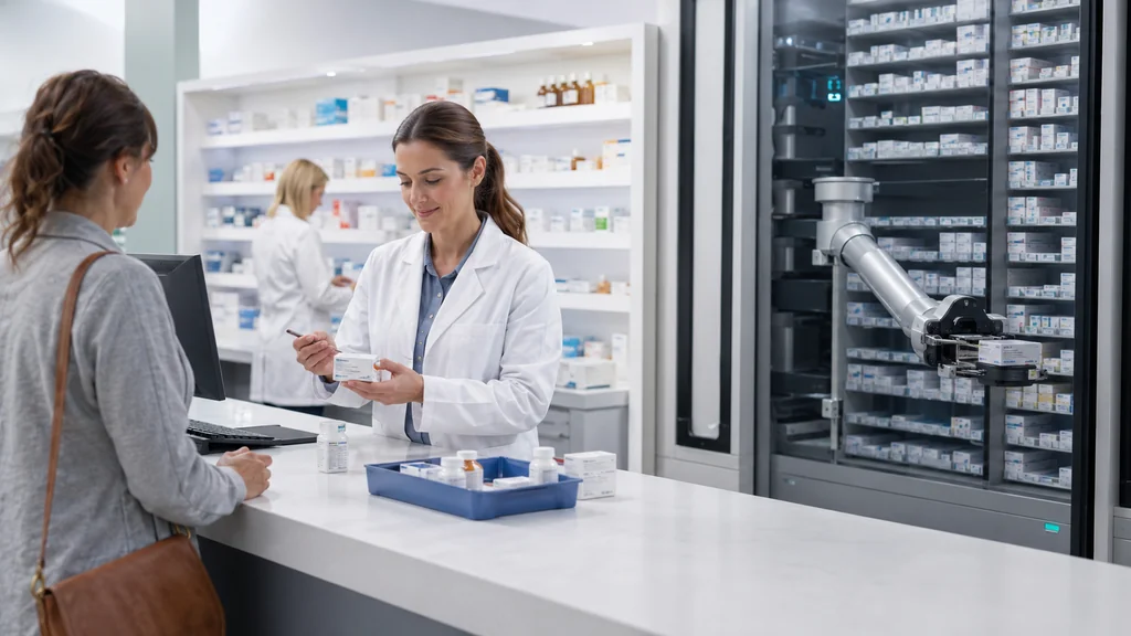 Pharmacienne délivrant des médicaments au comptoir avec un robot de pharmacie automatisé en arrière-plan.