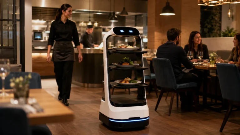 Robot serveur transportant des plats dans un restaurant moderne avec une serveuse et des clients en salle.