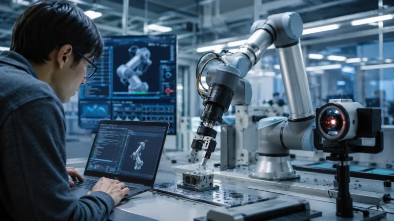 Technicien programmant un bras robotique dans un laboratoire moderne de technologie robotique