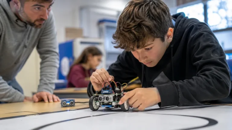 Élève de collège manipulant un petit robot programmable en cours de technologie