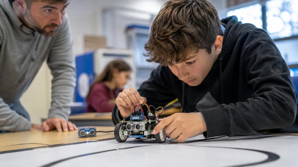 Élève de collège manipulant un petit robot programmable en cours de technologie