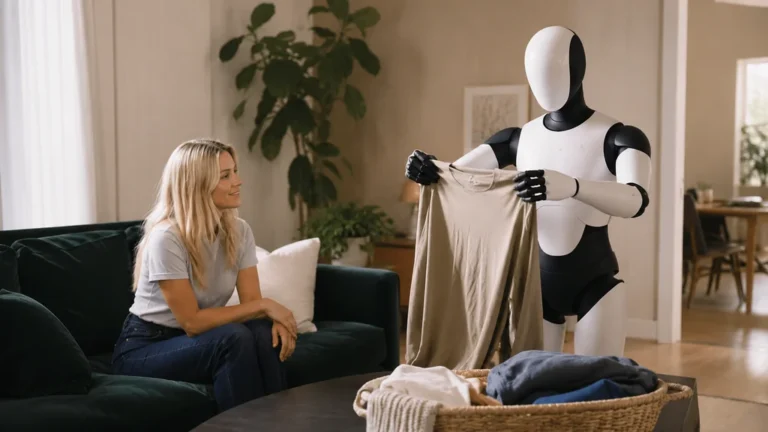 Robot humanoïde domestique assistant un utilisateur dans une maison moderne.