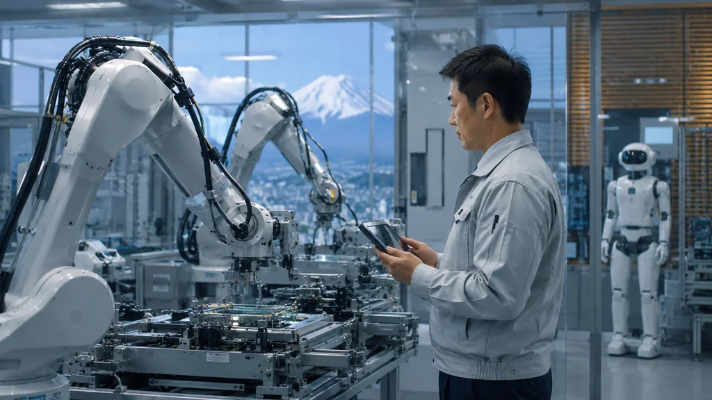 Ingénieur supervisant des robots industriels dans un laboratoire de robotique moderne au Japon.