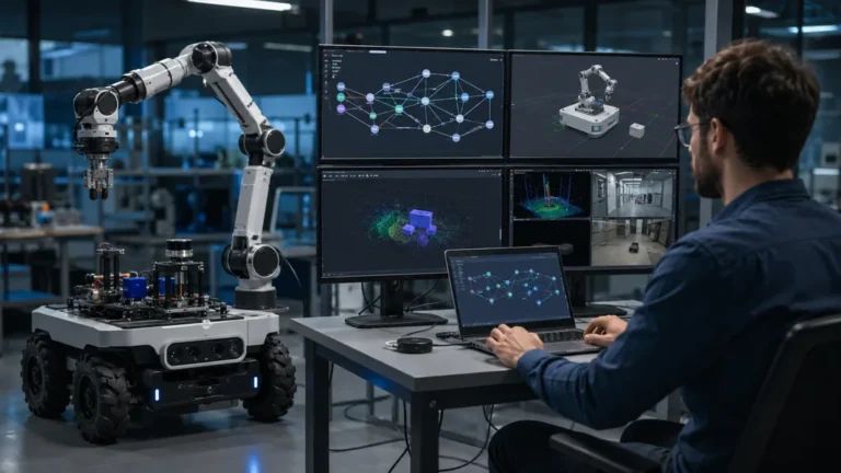 Ingénieur programmant un robot mobile avec ROS dans un laboratoire de robotique