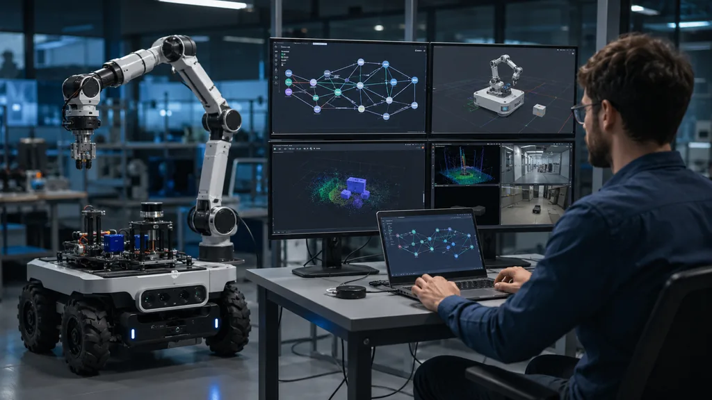 Ingénieur programmant un robot mobile avec ROS dans un laboratoire de robotique