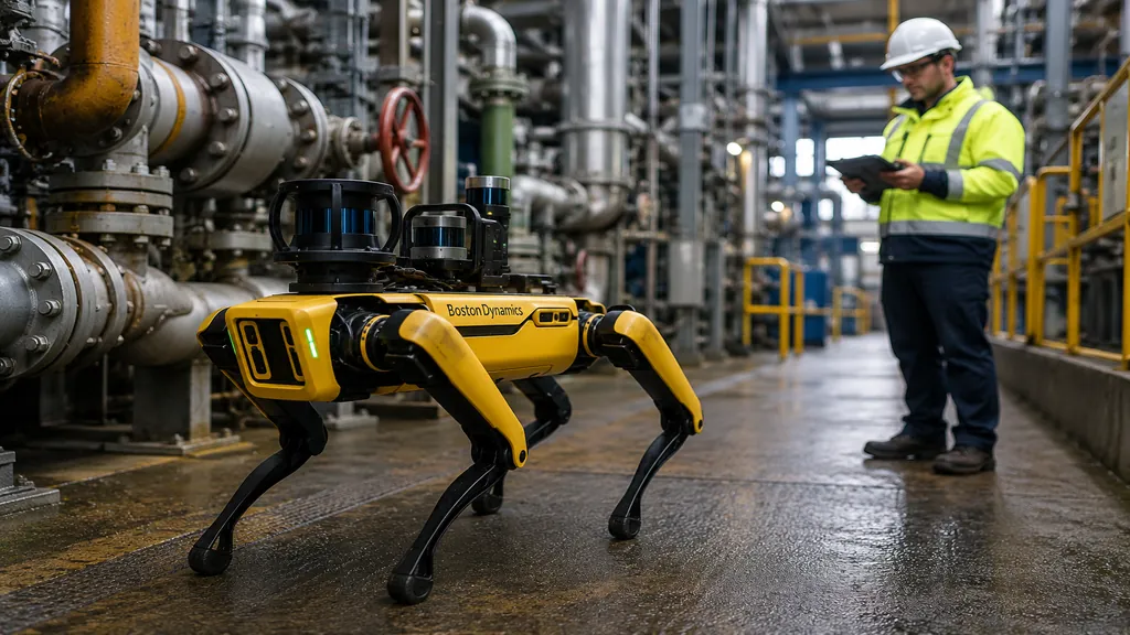 Robot Spot de Boston Dynamics effectuant une inspection industrielle dans une usine avec un opérateur en équipement de sécurité.