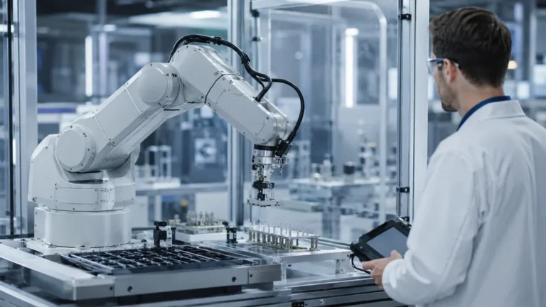 Technicien supervisant un robot Stäubli industriel dans une cellule automatisée de précision