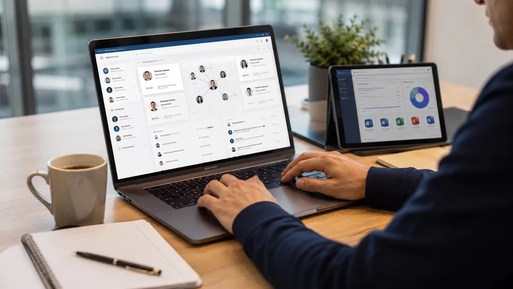 Professionnel consultant LinkedIn et des outils Microsoft dans un environnement de travail numérique