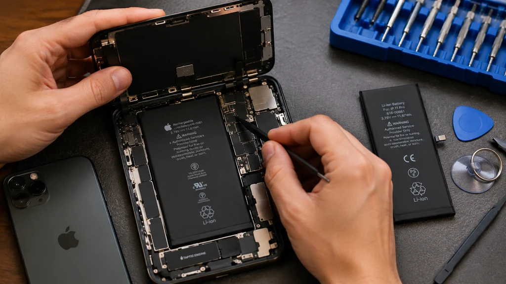 Technicien remplaçant une batterie iPhone 11 Pro avec des outils de réparation spécialisés