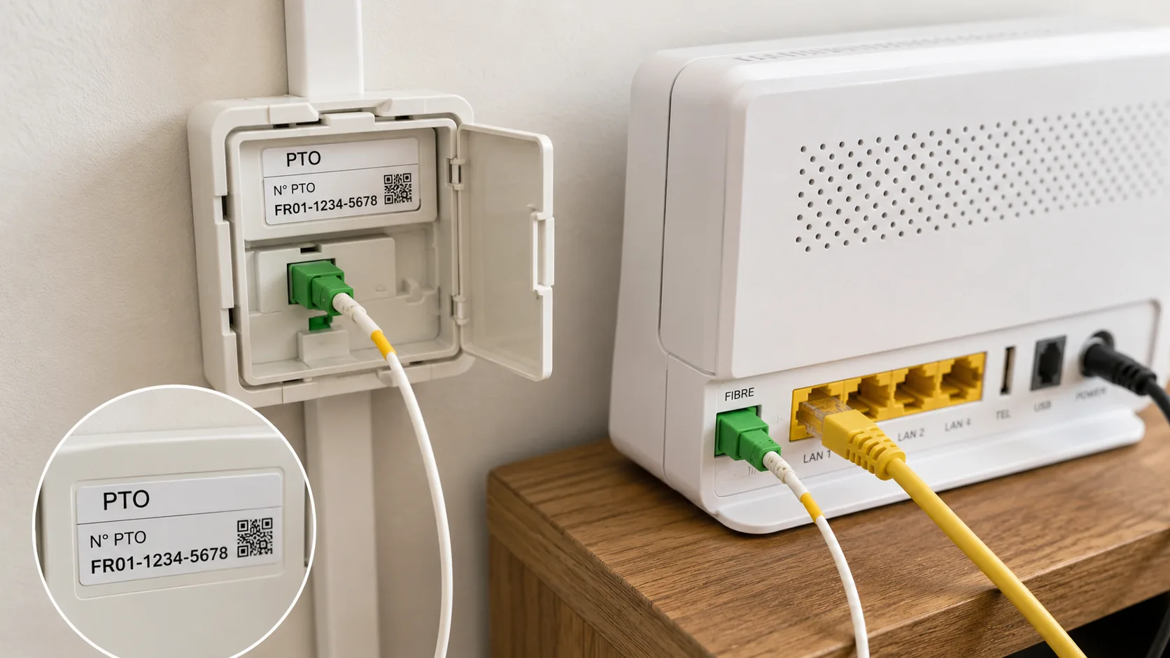 Boîtier prise fibre optique PTO relié à une box Internet dans un logement