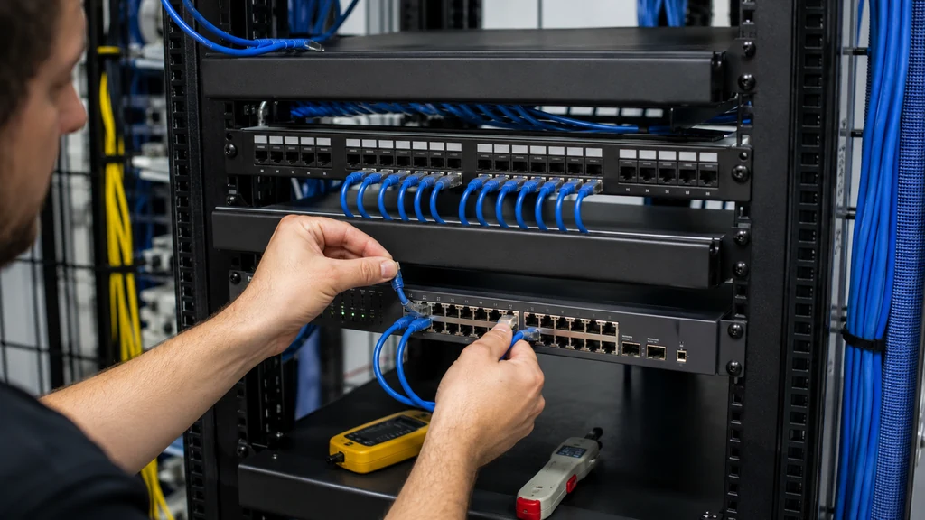 Technicien raccordant les câbles RJ45 entre le panneau de brassage et le switch d’une baie réseau