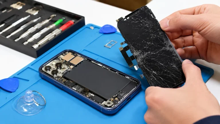 Réparation d'un écran iPhone 11 fissuré avec outils de précision en atelier