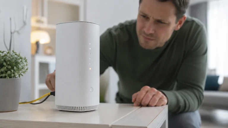 Homme vérifiant les branchements de sa Bbox après l’apparition du code erreur C1