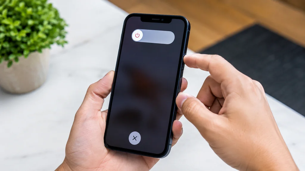 Personne éteignant un iPhone 13 avec le bouton latéral et le curseur d’arrêt affiché à l’écran