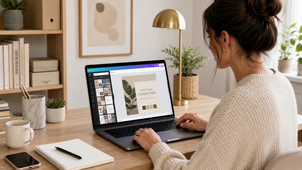 Femme suivant un cours Canva à distance sur un ordinateur portable dans son bureau