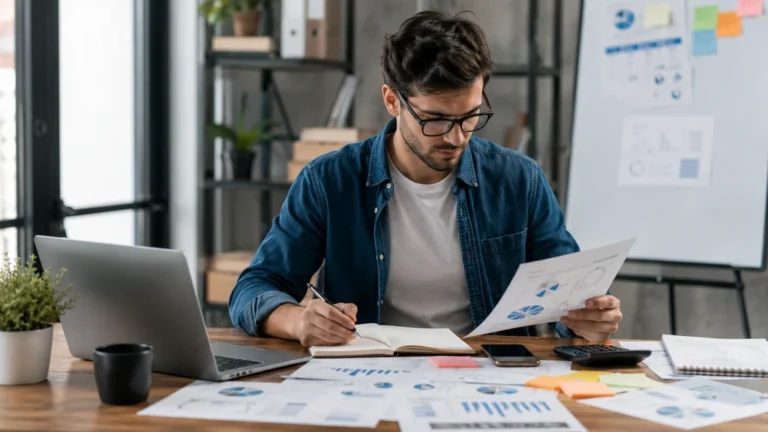 Homme préparant un projet pour créer son entreprise avec ordinateur portable, documents financiers et notes de travail