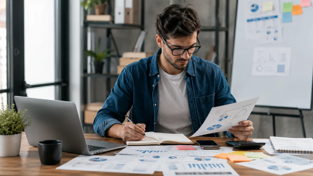 Homme préparant un projet pour créer son entreprise avec ordinateur portable, documents financiers et notes de travail