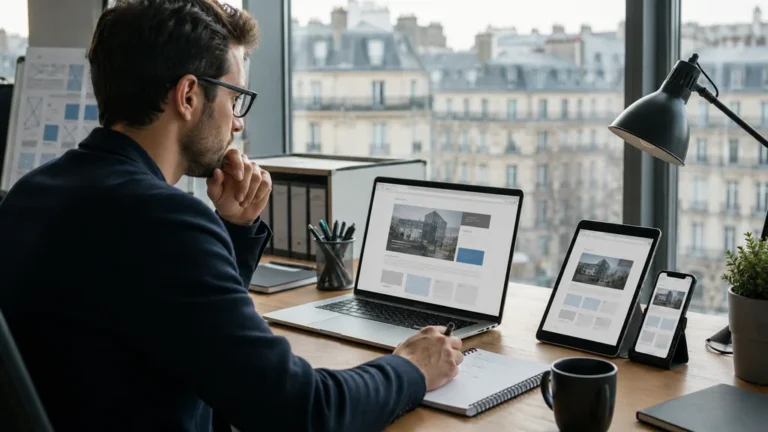 Professionnel préparant un projet de création de site internet à Lyon sur ordinateur et supports responsive