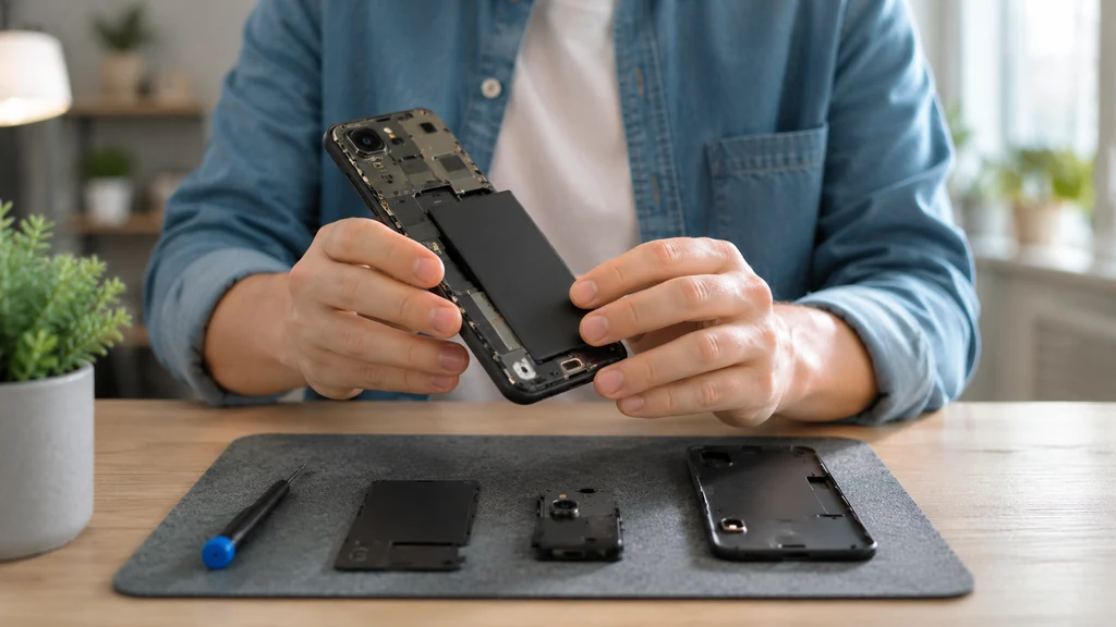 Utilisateur remplaçant facilement la batterie modulaire d’un Fairphone 3