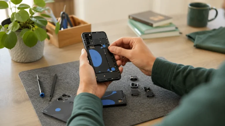 Technicien vérifiant les composants modulaires d’un Fairphone reconditionné dans un atelier