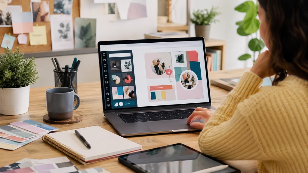 Apprenante suivant une formation design FormezVousRapidement pour créer des visuels professionnels sur ordinateur