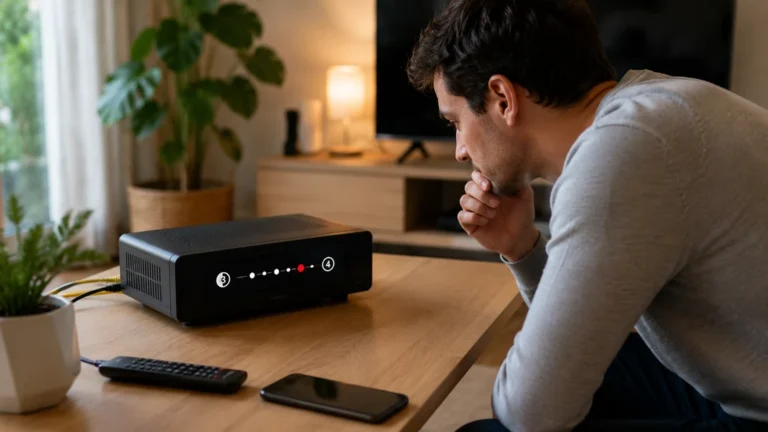 Homme observant une Freebox bloquée entre les étapes 3 et 4 dans son salon