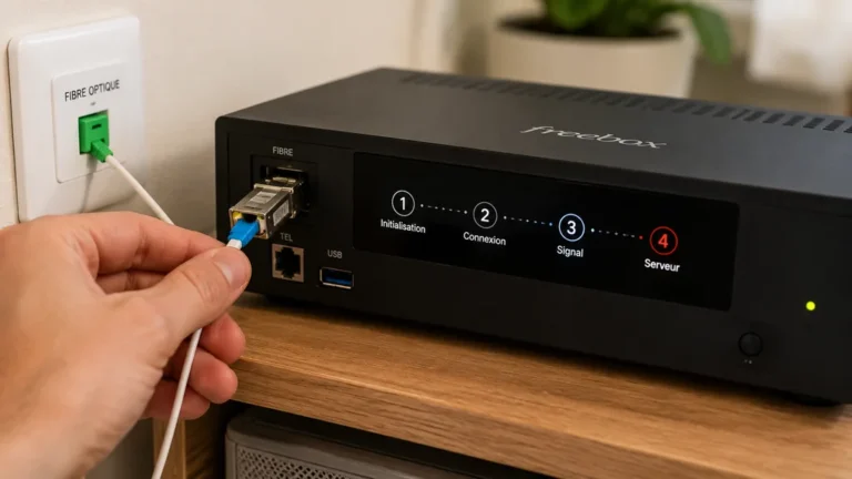 Personne vérifiant les branchements fibre d’une Freebox bloquée entre étape 3 et étape 4