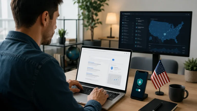 Personne utilisant un VPN pour accéder à Google américain USA depuis un ordinateur portable