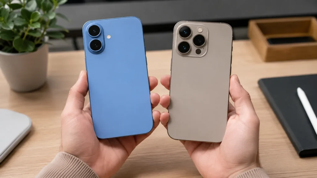 Comparaison entre iPhone 16 et iPhone 16 Pro tenue en main sur un bureau moderne