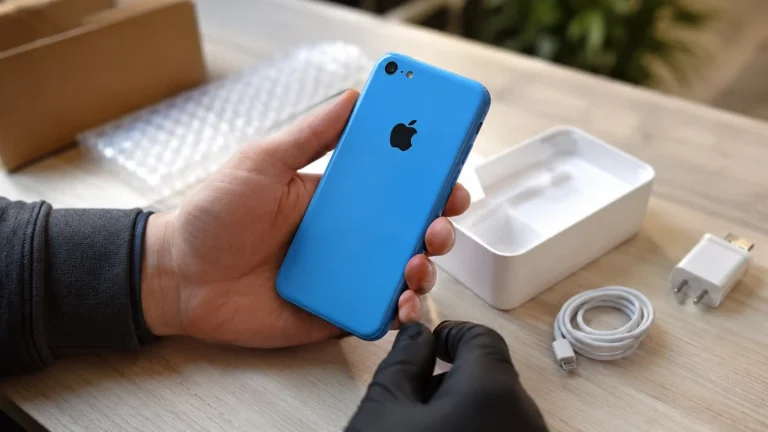 Technicien contrôlant un iPhone 5c reconditionné bleu avec ses accessoires