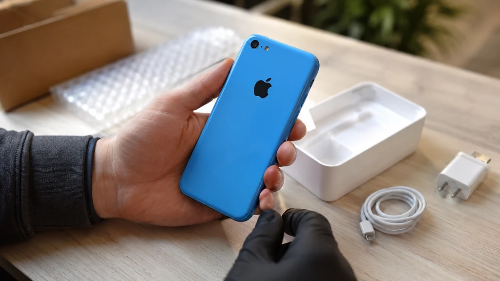 Technicien contrôlant un iPhone 5c reconditionné bleu avec ses accessoires