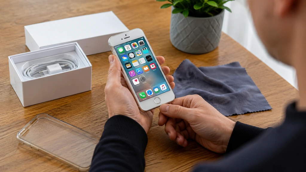 Personne vérifiant un iPhone 6s reconditionné avec sa boîte et ses accessoires