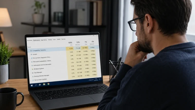 Utilisateur consultant Microsoft Compatibility Telemetry dans le gestionnaire des tâches Windows sur un ordinateur portable