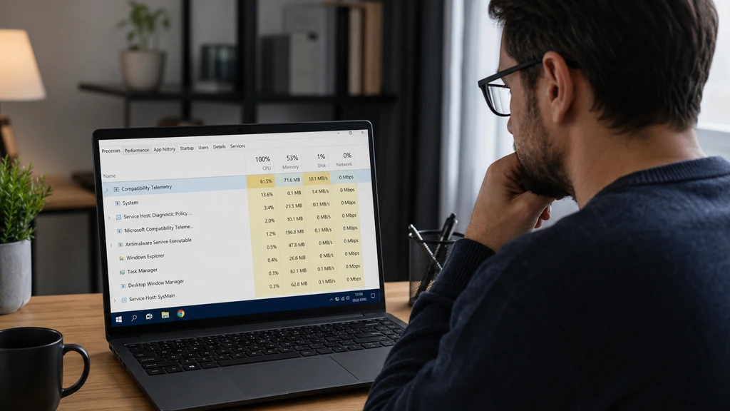 Utilisateur consultant Microsoft Compatibility Telemetry dans le gestionnaire des tâches Windows sur un ordinateur portable
