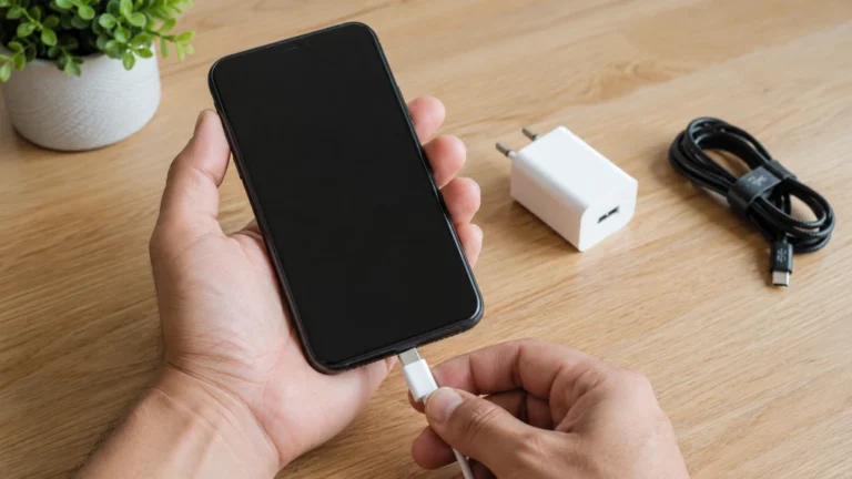 Personne essayant de recharger un téléphone qui ne s’allume plus avec un câble et un chargeur secteur