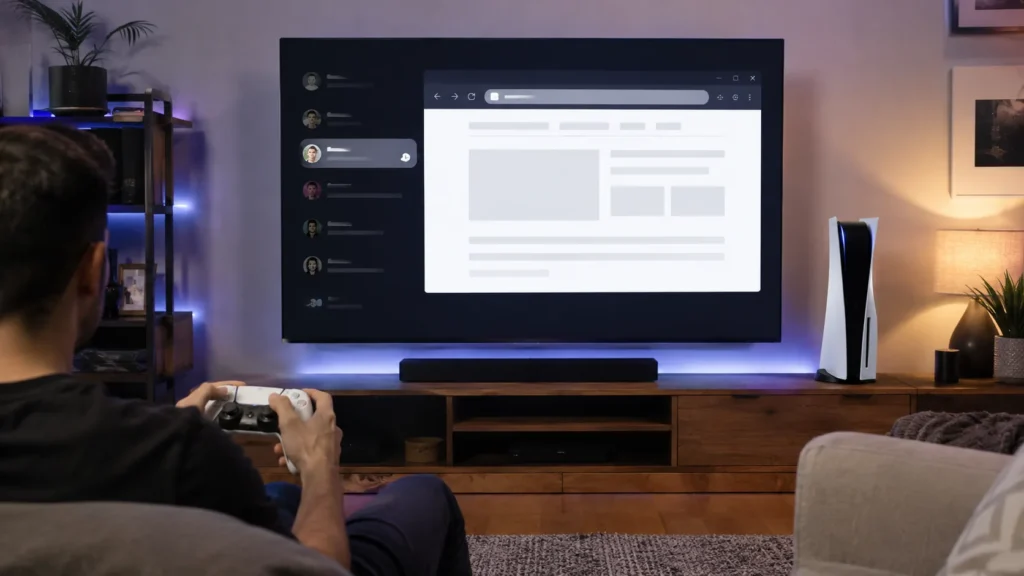 Navigateur PS5 affiché sur un téléviseur depuis une console PS5 dans un salon moderne